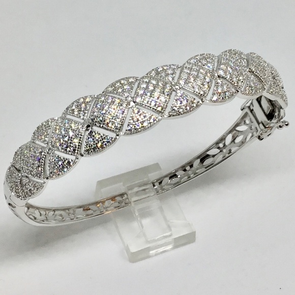 Sterling Silver CZ Crystal Hinged Bangle Bracelet - Picture 1 of 6